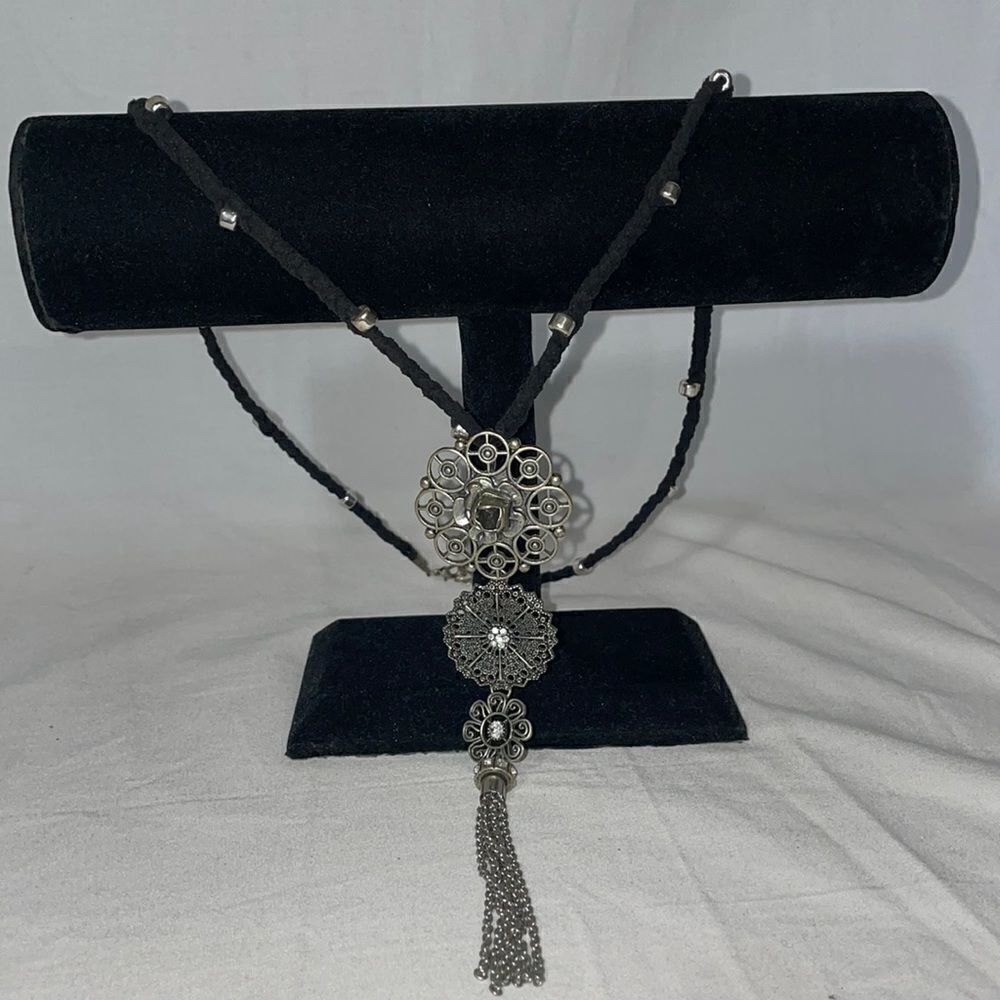 Cloth Braided Necklace with a Three Metal Emblems